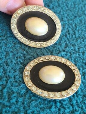 Vintage Classic Faux Pearl-Center Black & Silver Crystal Earrings